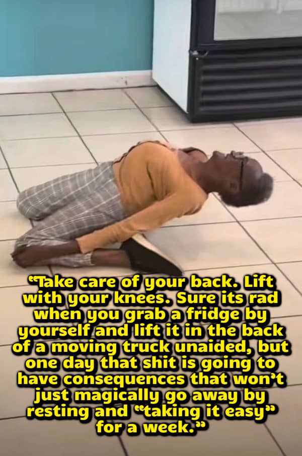Person stretching on a tiled floor with text warning about the long-term consequences of back injuries.