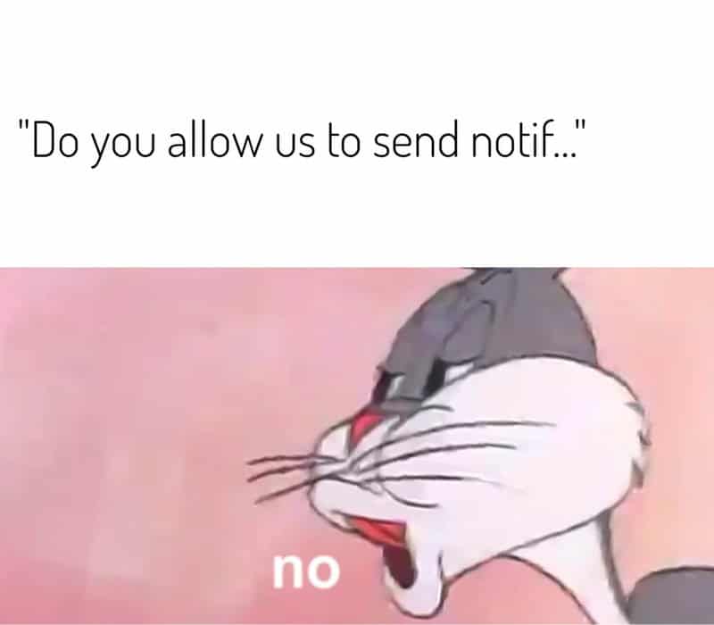 Bugs Bunny from Looney Tunes has a stern, narrow-eyed expression in this relatable meme about digital privacy. The text above him starts a prompt for app notifications, to which he simply replies "no" to protect his peace.