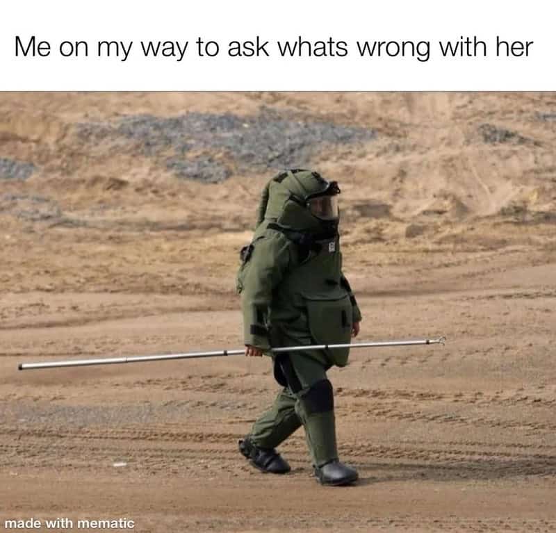 A person in a heavy, green bomb disposal suit walks through a sandy field in this relatable meme about navigating delicate social situations. The caption describes the high-stakes feeling of walking into a room to ask a partner "what's wrong" when the vibe is clearly off.