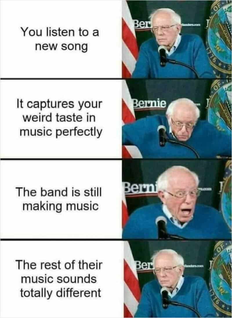 Bernie Sanders goes from calm to ecstatic and back to disappointed in a four-panel relatable meme about musical discovery. It tracks the excitement of finding a perfect new song only to realize the rest of the band's discography sounds completely different and fails to hit the same way.