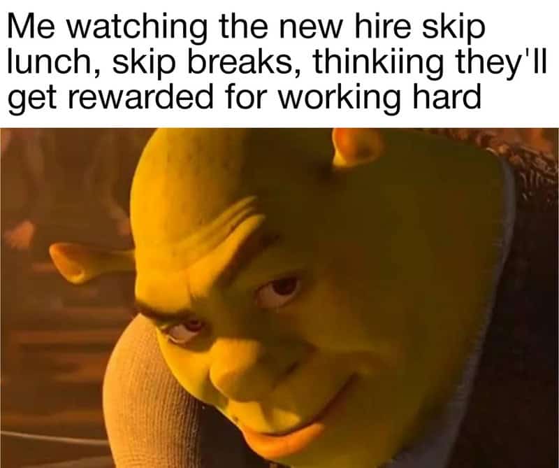 Shrek gives a knowing, cynical side-eye in a relatable meme about work culture. The text mocks the misplaced idealism of new hires who think that skipping their lunch breaks and working extra hard will lead to actual rewards.