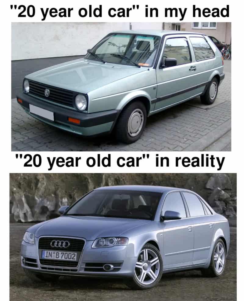This car-focused relatable meme compares a vintage VW hatchback to a mid-2000s Audi to show how fast time moves. It highlights the shock of realizing that the sleek cars from our youth are now officially twenty years old in reality