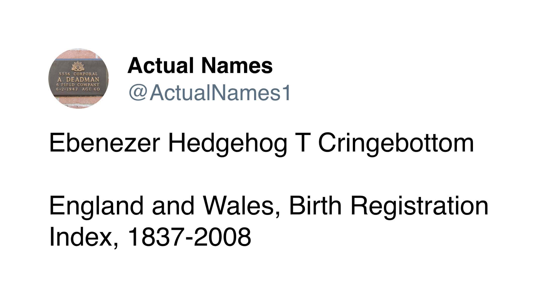 Actual Names tweet Ebenezer Hedgehog T Cringebottom found in England Wales Birth Registration Index