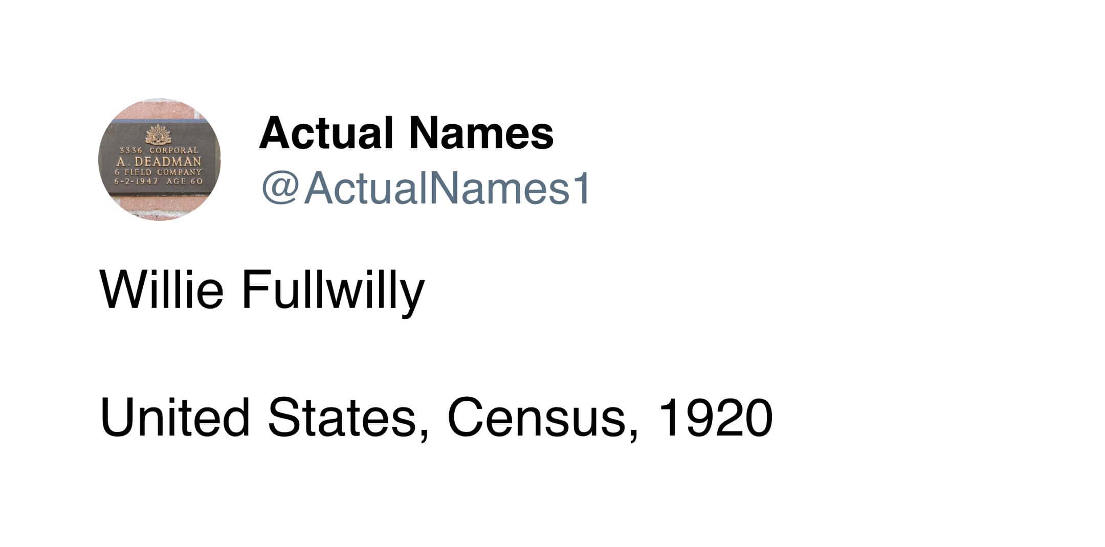 Actual Names tweet Willie Fullwilly found in United States Census 1920 funny historical name record