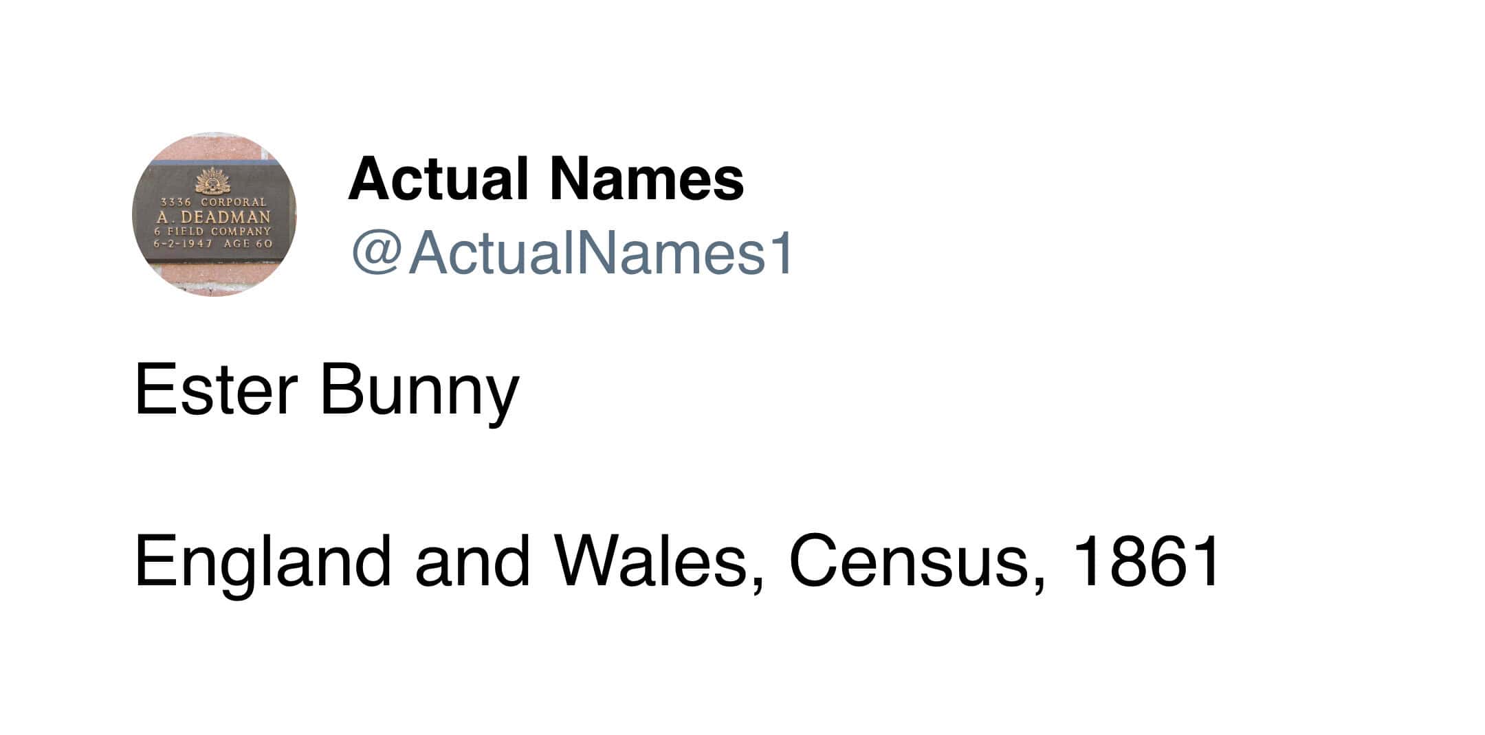 Actual Names tweet Ester Bunny found in England and Wales Census 1861 funny historical name