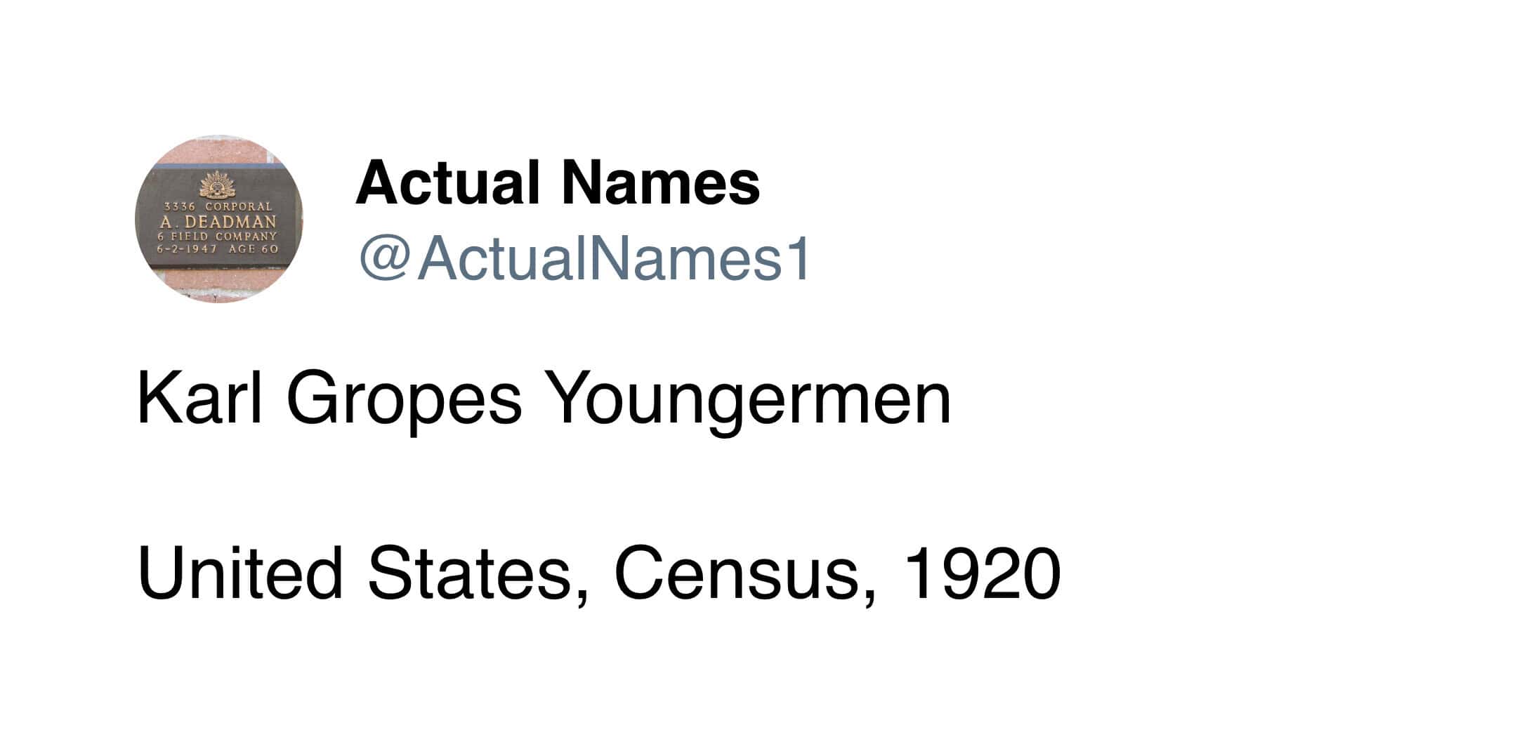 Actual Names tweet Karl Gropes Youngermen found in United States Census 1920 alarming full name
