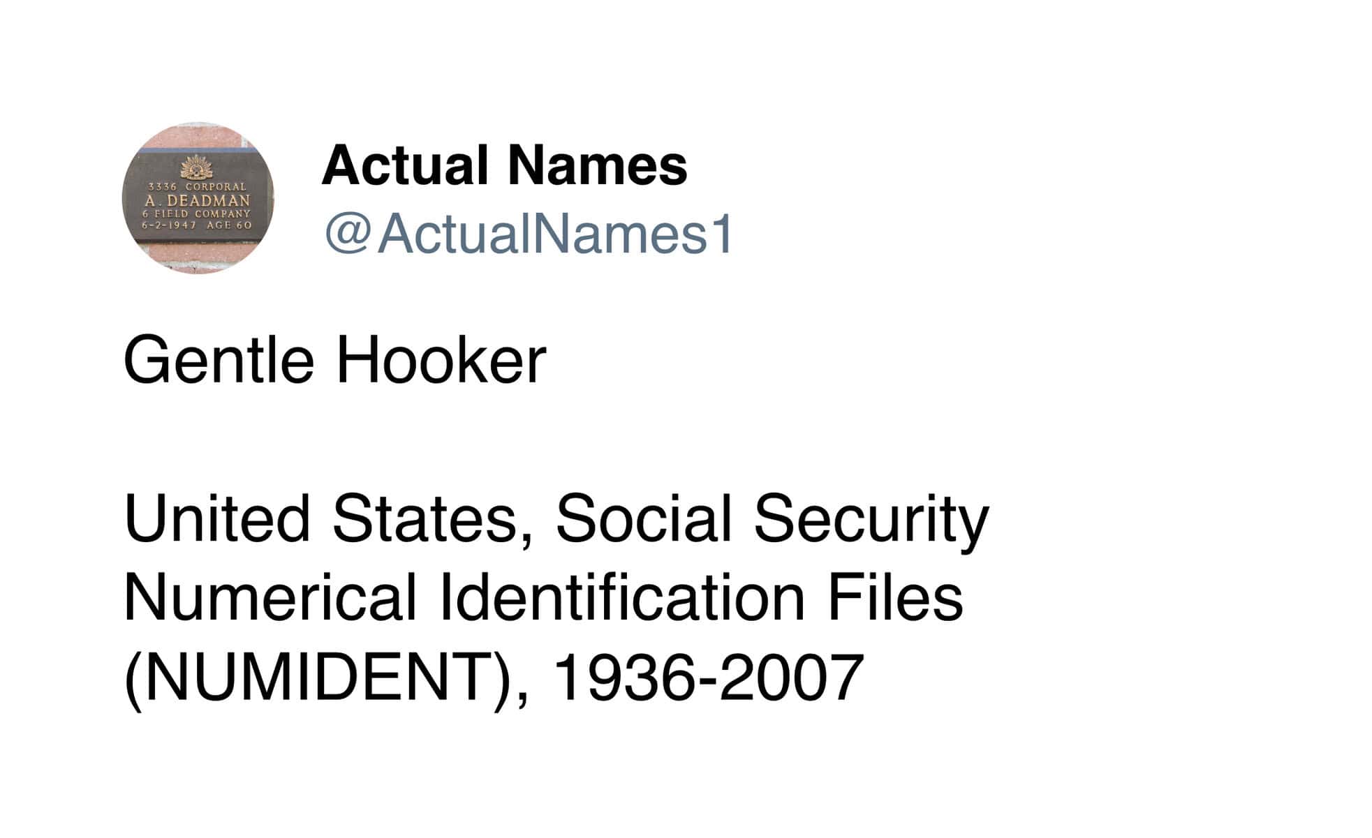Actual Names tweet Gentle Hooker found in United States Social Security Numerical Identification Files