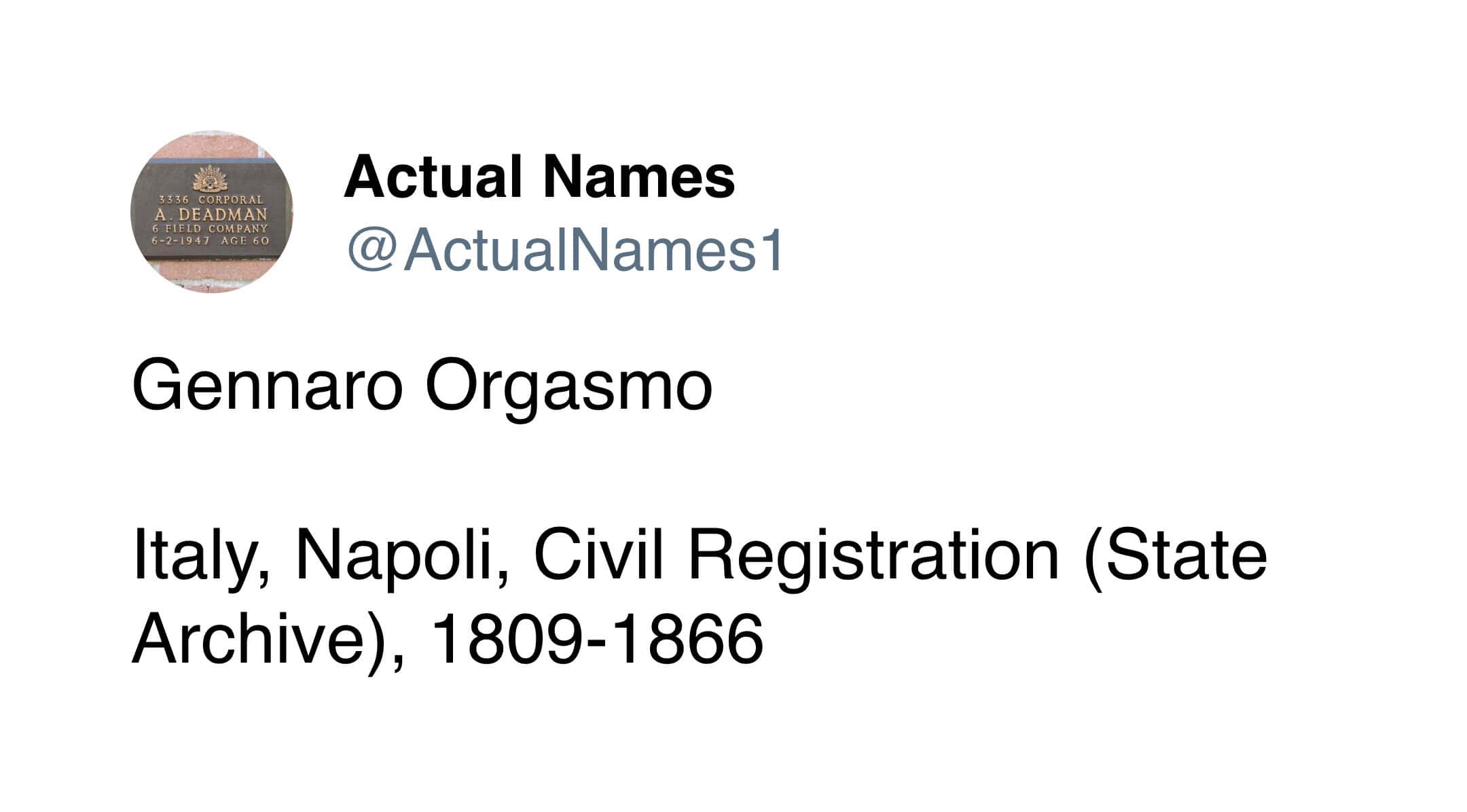 Actual Names tweet Gennaro Orgasmo found in Italy Napoli Civil Registration archive 1809 to 1866