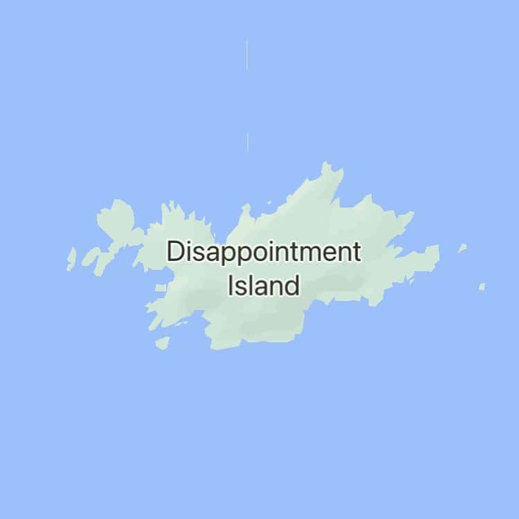 Map screenshot showing small green landmass labeled Disappointment Island surrounded by light blue ocean.