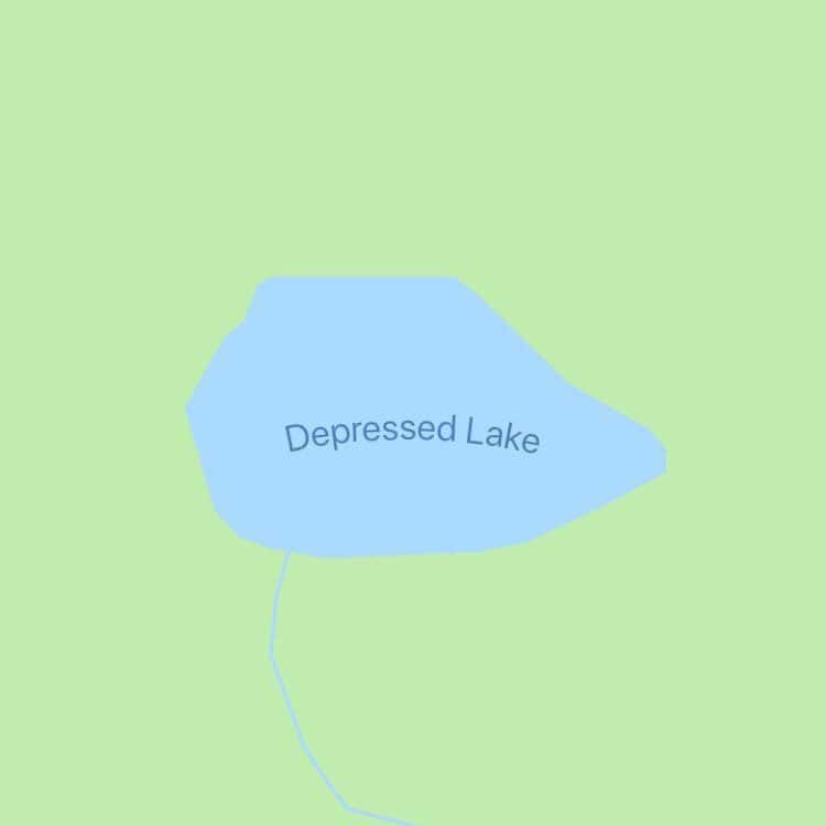 Map showing rounded blue Depressed Lake surrounded by green land with a small river.