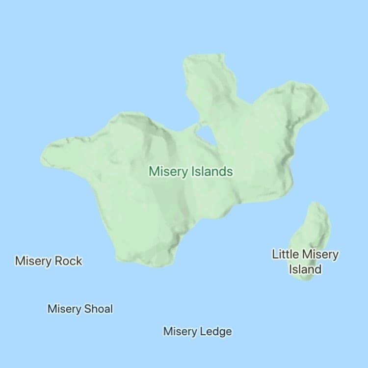 Map featuring Misery Islands landmass surrounded by Misery Rock, Misery Shoal, Little Misery Island, Misery Ledge.
