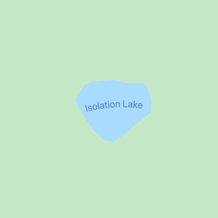 Map showing small blue pentagonal Isolation Lake surrounded entirely by solid pale green land.