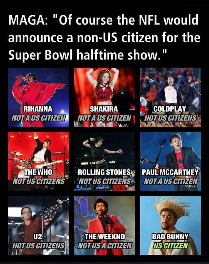 eme grid showing nine non-US citizen Super Bowl halftime performers except Bad Bunny