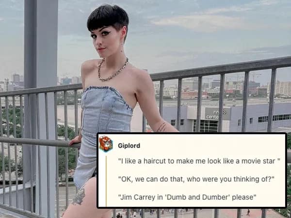 savage roasts entry featuring a young person with a blunt bowl-style haircut and sharp eyeliner posing on a bridge. The superimposed dialogue mocks their look: "'I like a haircut to make me look like a movie star' / 'OK... who were you thinking of?' / 'Jim Carrey in Dumb and Dumber please,'" delivering a fatal blow to their fashion sense.