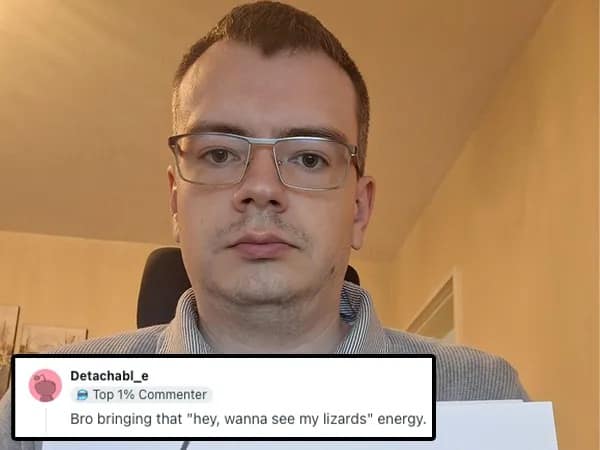 A savage roasts entry featuring a man with glasses and a deadpan expression, absolutely decimated by a comment claiming he brings "hey, wanna see my lizards" energy to every room he enters.