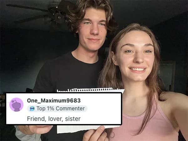 A r/roastme submission showing a smiling young couple who get hit with the brutal "Friend, lover, sister" triplet, suggesting their relationship has a disturbingly domestic family vibe.