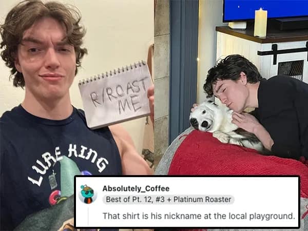 A savage roasts collage of a man in a "LURE KING" tank top, getting destroyed by a comment suggesting that the slogan is actually his "nickname at the local playground."