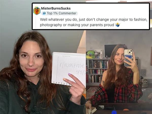 A r/roastme post featuring a woman in a red flannel shirt receiving the soul-crushing advice to never change her major to "fashion, photography or making your parents proud."