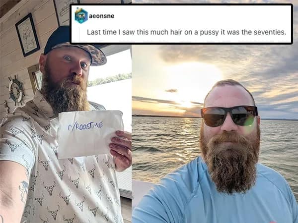 A savage roasts entry of a man with a massive, unkempt beard, roasted by user aeonsne with a crude and descriptive callback to 1970s-era body hair trends.