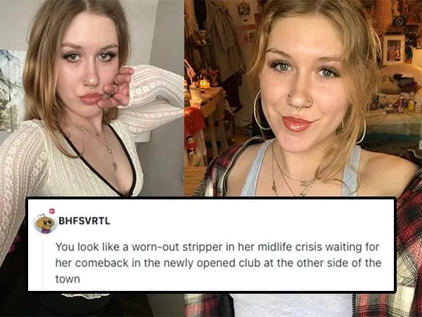 A r/roastme submission of a young woman with a septum piercing who is told she looks like a "worn-out stripper" in the middle of a midlife crisis comeback attempt.