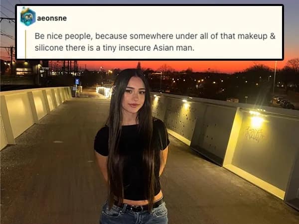 A woman with long dark hair and heavy makeup smiles on a walkway at sunset. The savage roasts text overlay from aeonsne attacks her appearance with: "Be nice people, because somewhere under all of that makeup & silicone there is a tiny insecure Asian man."