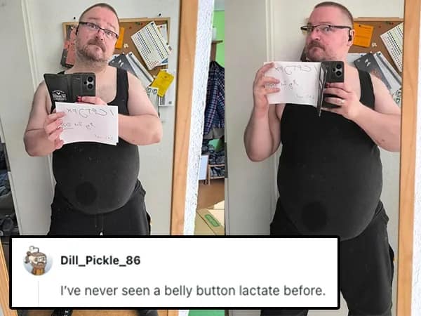 A mirror selfie of a man in a black tank top featuring a prominent, circular wet spot directly over his navel. The r/roastme community strikes again via Dill_Pickle_86: "I've never seen a belly button lactate before," turning a laundry mishap into a viral insult.