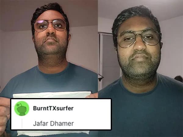 A man with large aviator glasses and a scruffy beard looks upward in this r/roastme submission. The comment from BurntTXsurfer hits him with a ruthless portmanteau: "Jafar Dahmer," critiquing his unique blend of features and accessories.