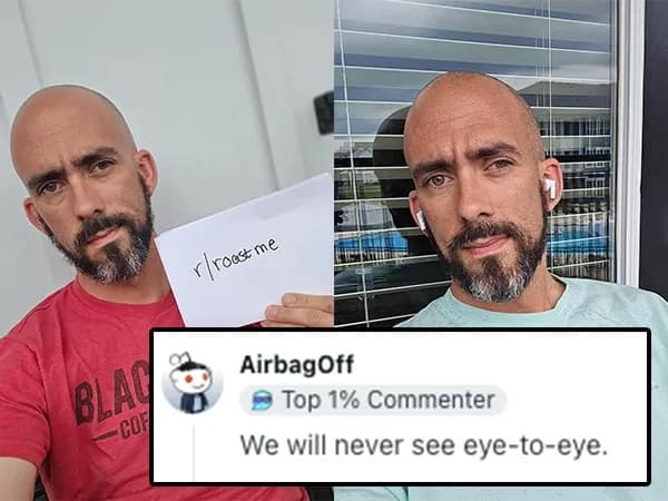 A bald man with a salt-and-pepper beard holds a roast sign, notably having one eye looking away from the camera lens. The user AirbagOff provides a classic savage roast pun: "We will never see eye-to-eye."