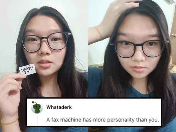 A split photo of a woman with dark hair and thick, black-rimmed glasses in a r/roastme thread. The user Whataderk provides a short, sharp critique of her vibes: "A fax machine has more personality than you."
