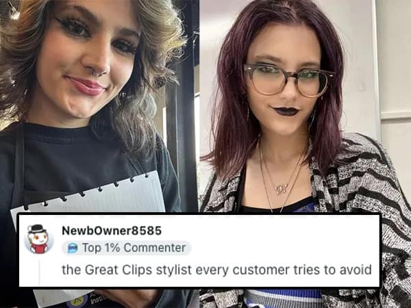 Selfies of a woman with edgy, dyed hair, a septum piercing, and dark lipstick. The savage roasts comment from NewbOwner8585 describes her as "the Great Clips stylist every customer tries to avoid," a nightmare description for any alternative style