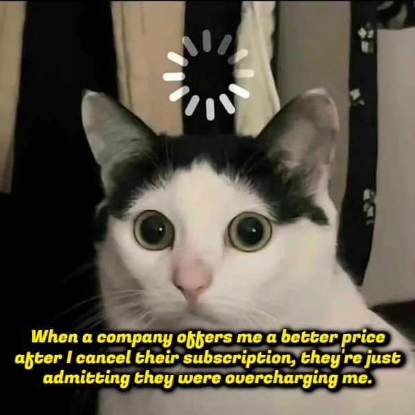 Cat with loading icon captioned pointing out cancellation retention offers prove companies were overcharging.