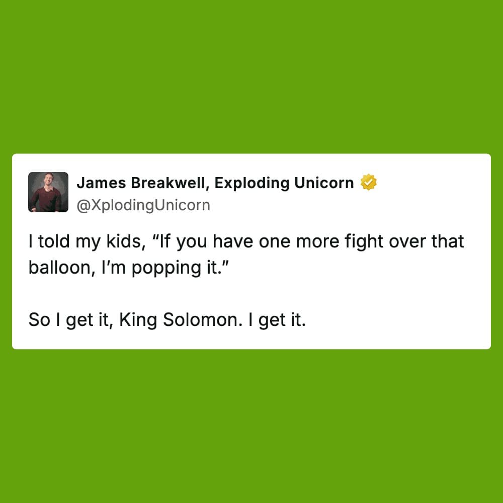 A green-themed sibling meme featuring a tweet by James Breakwell. He humorously compares his threat to pop a balloon his kids are fighting over to the biblical wisdom of King Solomon, ending with the line, "So I get it, King Solomon. I get it."