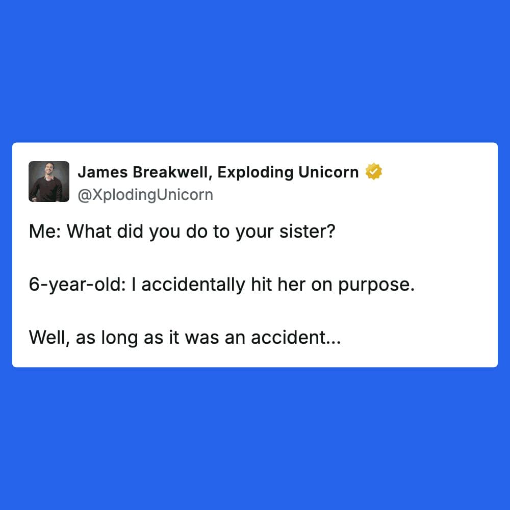 A blue sibling meme by James Breakwell where a 6-year-old provides a brilliant defense for their actions, claiming they only accidentally hit their sister on purpose.