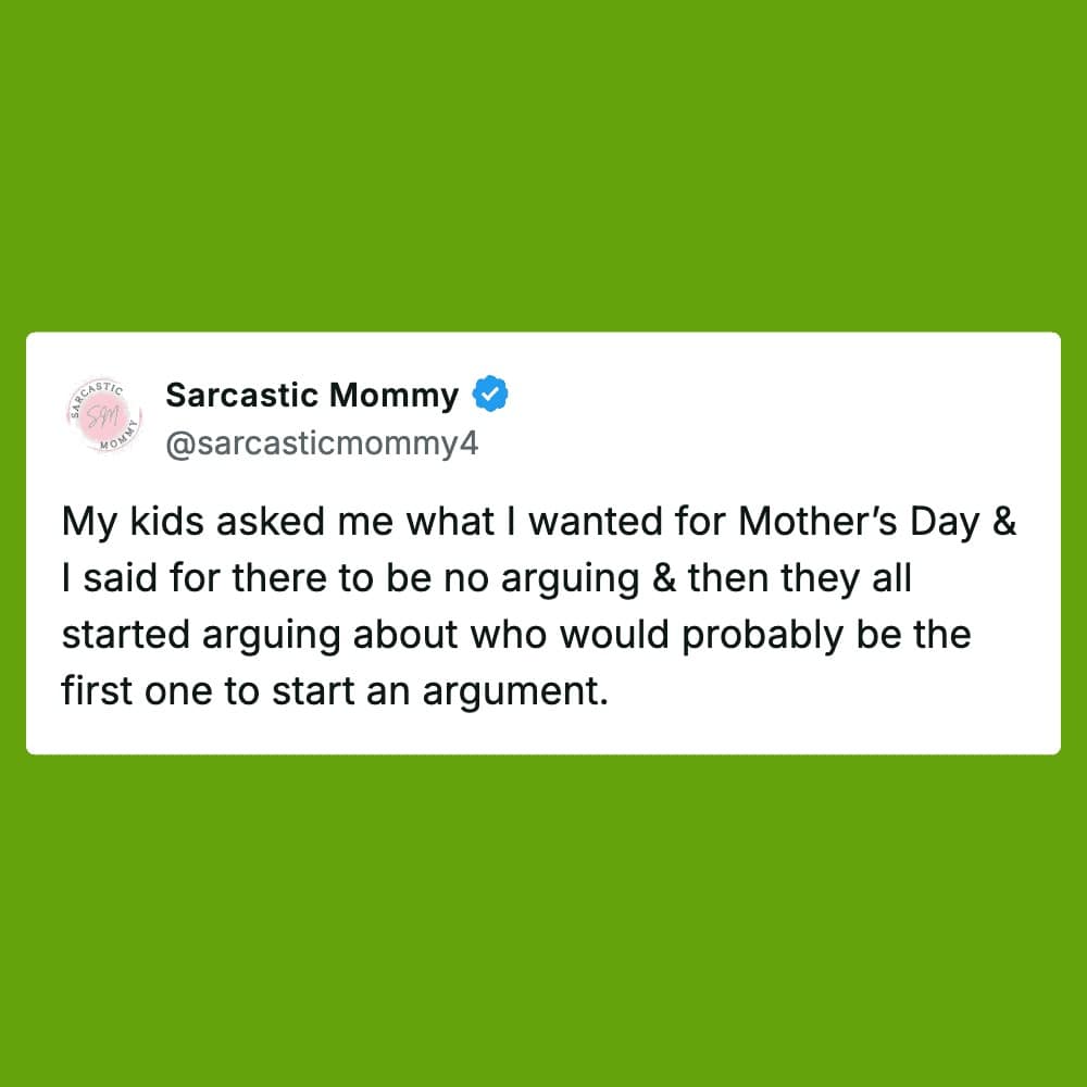 A green sibling meme tweet from Sarcastic Mommy where her Mother’s Day wish for a day of no arguing immediately triggers a debate over which sibling is most likely to break the peace first.