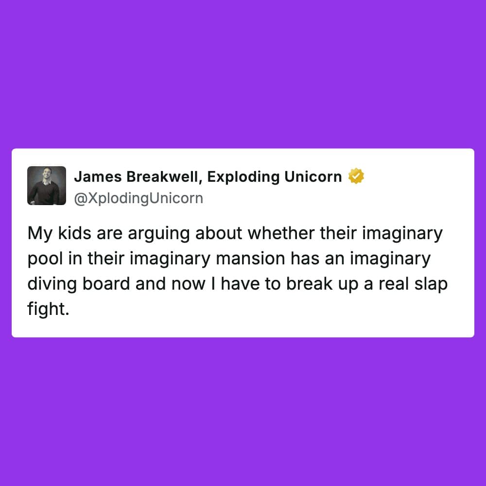 A purple-themed sibling meme tweet by James Breakwell. It describes the absurdity of parenting where a "real slap fight" has to be broken up after siblings fail to agree on the imaginary diving board for their imaginary pool in their imaginary mansion.