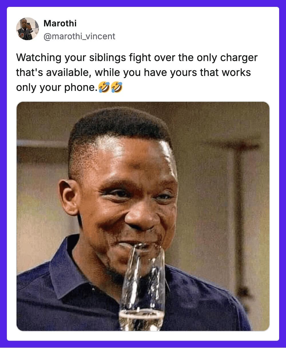 A funny sibling meme showing a man smirking and hiding his face behind a glass of champagne. The text describes the height of "middle child" smugness: watching your siblings fight over the last available charger while you possess a specific cable that only works for your phone.
