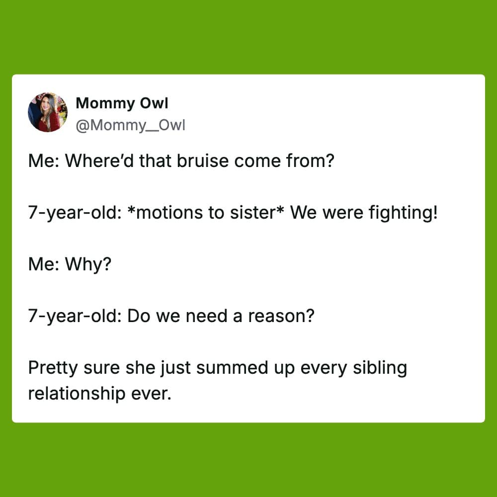 A green-themed sibling meme tweet by Mommy Owl. It details a conversation with a 7-year-old who, when asked why she was fighting with her sister, philosophically responds by asking if they even really need a reason to fight.