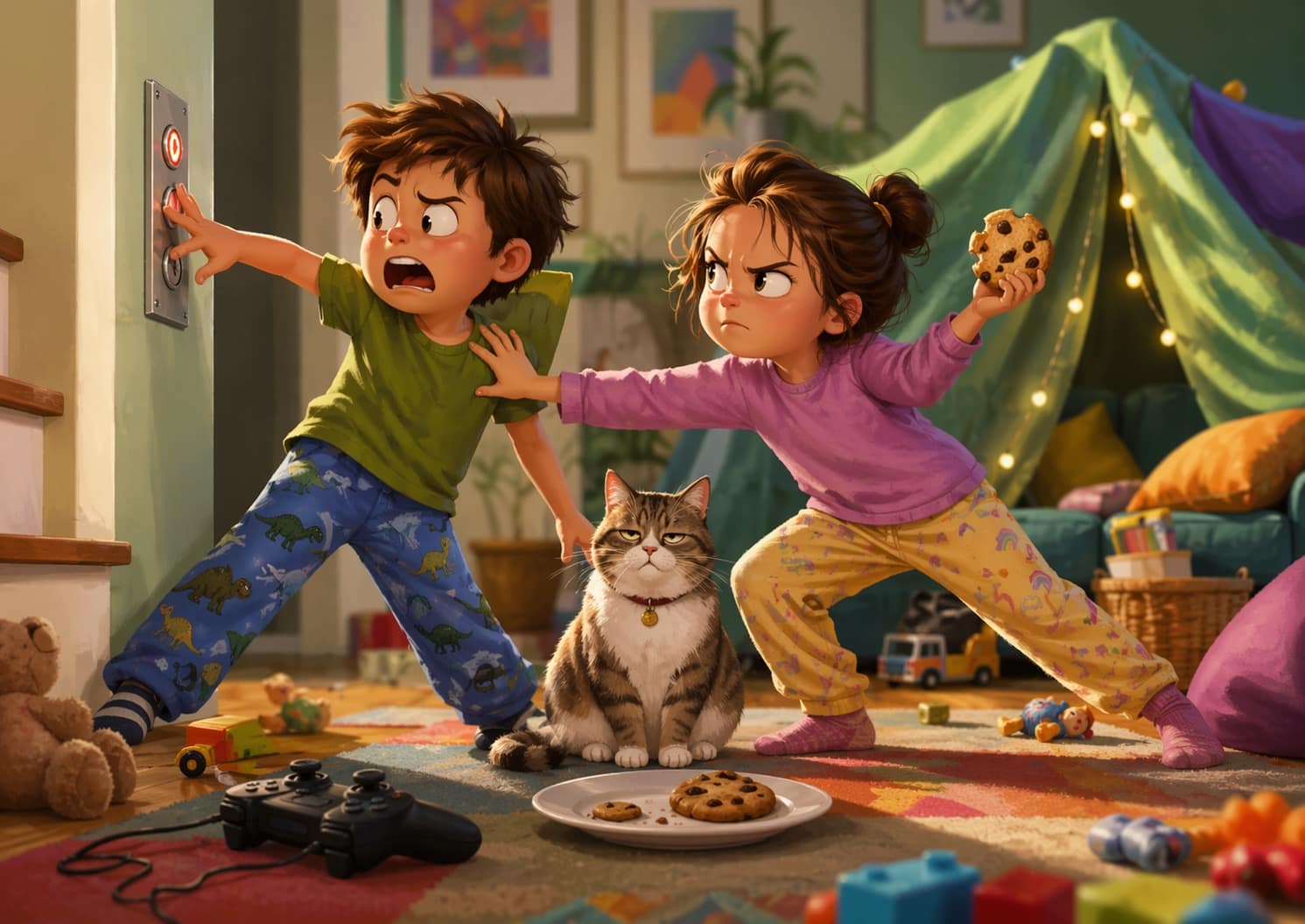 A sibling memes gallery documenting the chaotic logic of domestic life, including an argument over who gets to press the elevator button, a smug middle child hiding behind a champagne glass, and the scientific precision of siblings measuring cookies down to the millimeter.