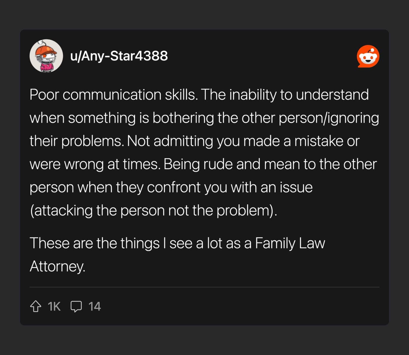 Reddit post from family law attorney listing signs a relationship won't last including poor communication