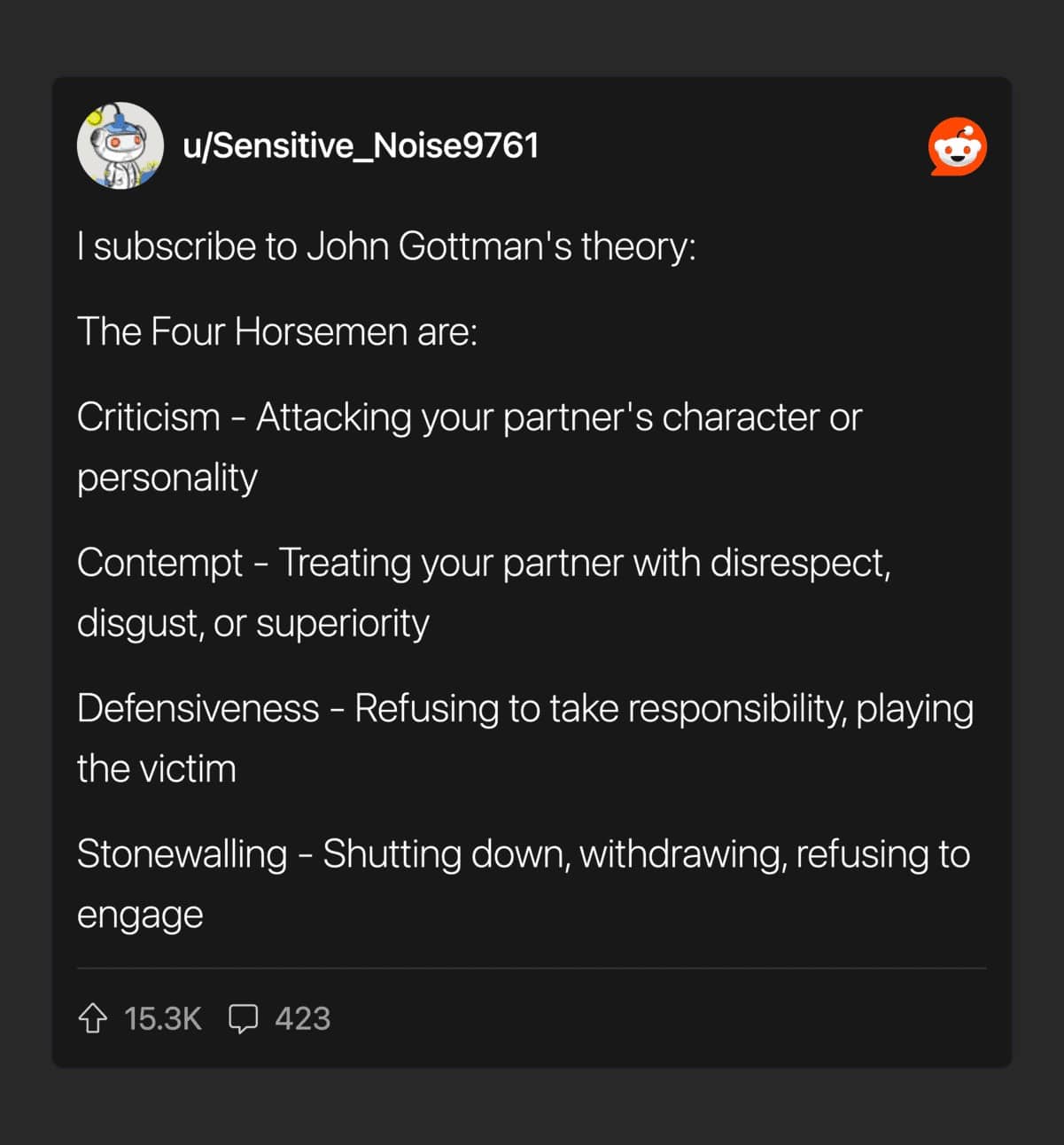 Reddit comment citing Gottman's Four Horsemen as signs a relationship won't last long-term