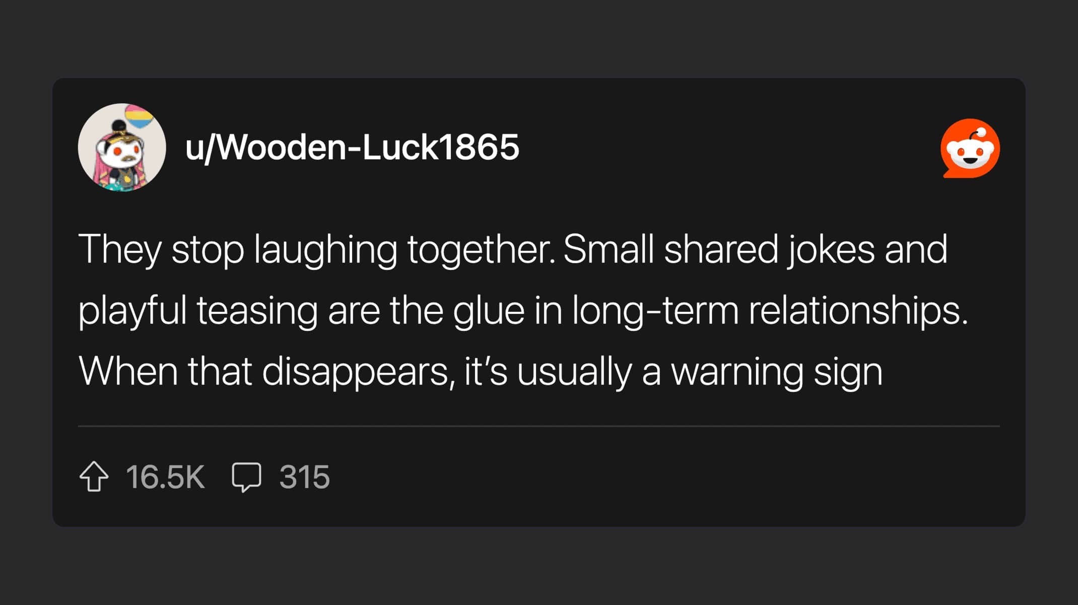 Reddit comment describing loss of shared laughter as warning sign a relationship won't last