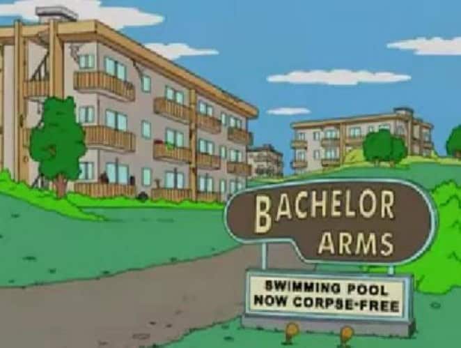 Bachelor Arms apartment complex sign advertising swimming pool is now officially corpse-free Simpsons