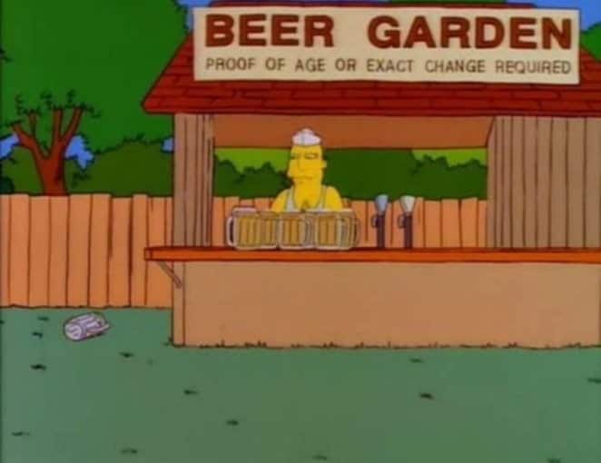 Simpsons Beer Garden stand with sign reading "Proof of Age or Exact Change Required" funny gag