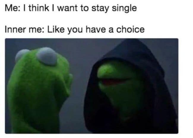 relatable single meme using the "Evil Kermit" format. While the user tells themselves they "want" to stay single, their hooded inner self—the Sith-like Kermit—whispers back, "Like you have a choice," highlighting the lack of romantic prospects.