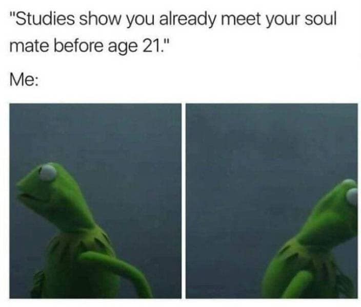 skeptical single life meme featuring the "Kermit looking around" reaction image to the claim that studies show people meet their soulmate before age 21.