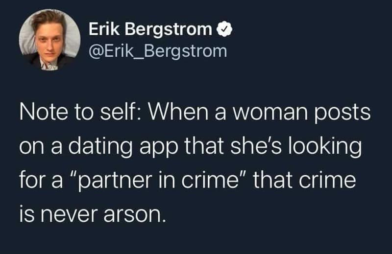 A humorous single meme tweet from Erik Bergstrom advising that when a woman seeks a "partner in crime" in her bio, it definitely doesn't mean she wants help with arson.