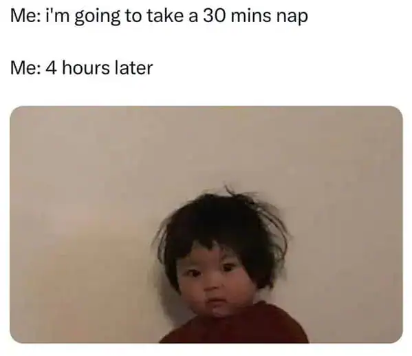 A funny memes about sleep entry showing a grumpy toddler with chaotic, messy hair looking straight into the camera. The text highlights the physical toll of oversleeping a planned 30-minute nap by four hours.