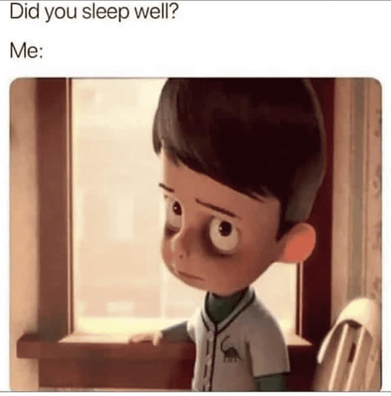 classic sleep meme featuring Goob from Meet the Robinsons with massive, dark circles under his eyes. He is the visual punchline to the question, "Did you sleep well?", capturing the essence of chronic insomnia.