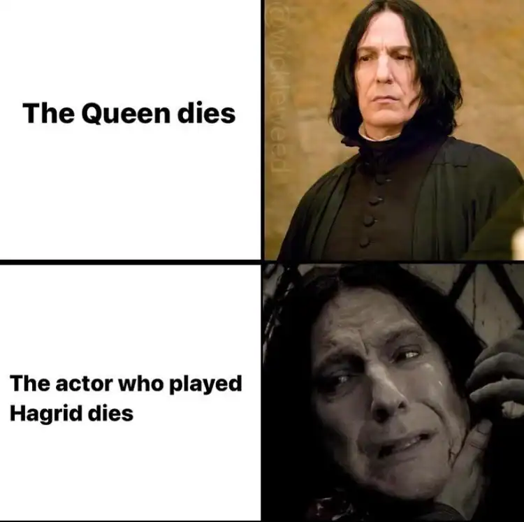 Two-panel Snape reaction meme showing stoic face for Queen's death versus crying face for Robbie Coltrane's passing