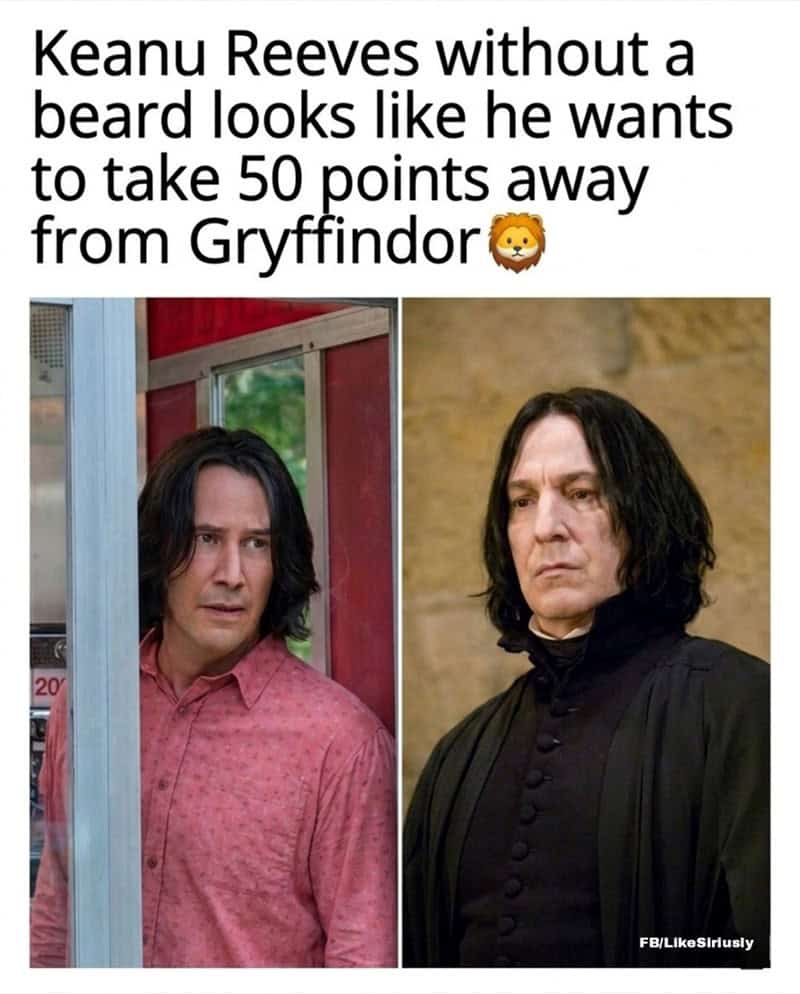 Side-by-side comparison of Keanu Reeves without beard next to Snape both looking intensely disapprovin